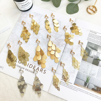 树叶亮片耳夹无耳洞女欧美个性百搭夸张长款耳坠气质显脸瘦假耳环