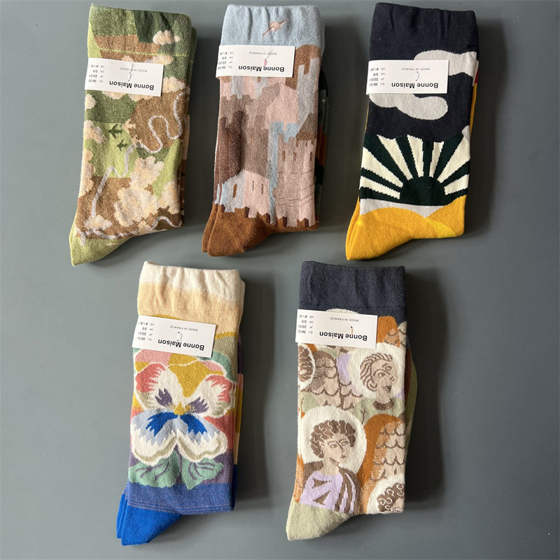 新品法国Bonne Maison中筒袜子男女油画袜小众趣味文艺色彩袜