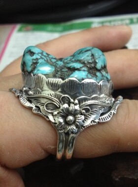 泰国镶嵌天然绿松石戒指手工银