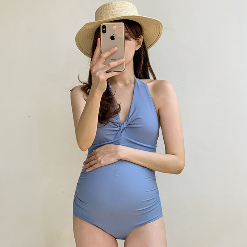 孕妇泳衣夏季新款托腹连体泳装女韩国代购挂脖蓝V领抽褶度假泳衣