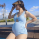 游泳衣 女遮肚带胸垫夏季 孕妇泳衣V领防走光托腹连体泳装 韩国大码