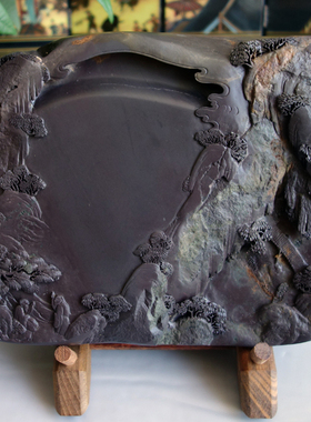 手工雕文房四宝 老水麻子坑“闲情逸致”端砚台22cmx15.5cmx3.5cm