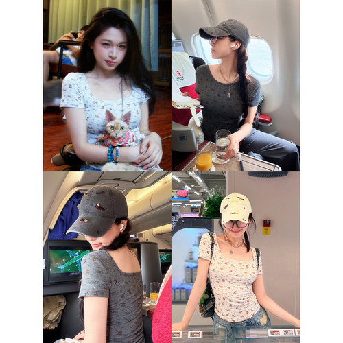 六指导 顽皮小狗 美式卡通印花方领短袖t恤修身正肩休闲显瘦上衣