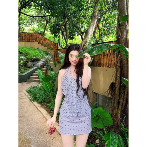 六指导 仲夏莫吉托 甜美波点挂脖绑带雪纺衫少女修身收腰无袖上衣