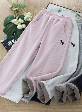 儿童加厚撸猫绒运动裤中大童加绒直筒弯刀裤男女童卫裤子一条过冬