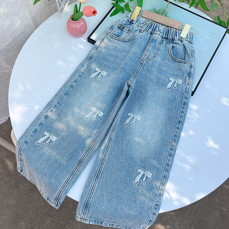 女童纯棉牛仔直筒裤2026春季新款中大童亮片蝴蝶结宽松阔腿休闲裤,童装/婴儿装/亲子装,裤子,淘宝优惠券,粉丝福利购,淘宝优惠卷