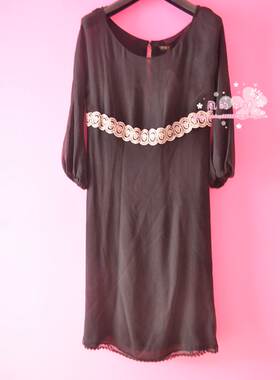 特价正品 宝姿 ports1961 女夏l蕾丝绣花双层真丝束口短袖连衣裙