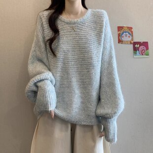 设计感亮片打底长袖针织衫毛衣女秋季大码胖mm后背系带蝴蝶结上衣