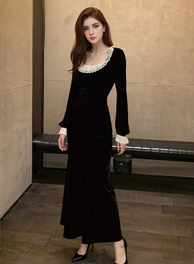 法式蕾丝黑色丝绒连衣裙女秋冬季赫本风小黑裙修身包臀鱼尾长裙子