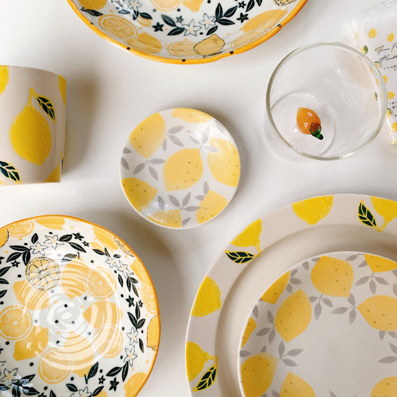 日本进口美浓烧柠檬派对陶瓷餐盘子甜点碟子水杯清新l餐具合集