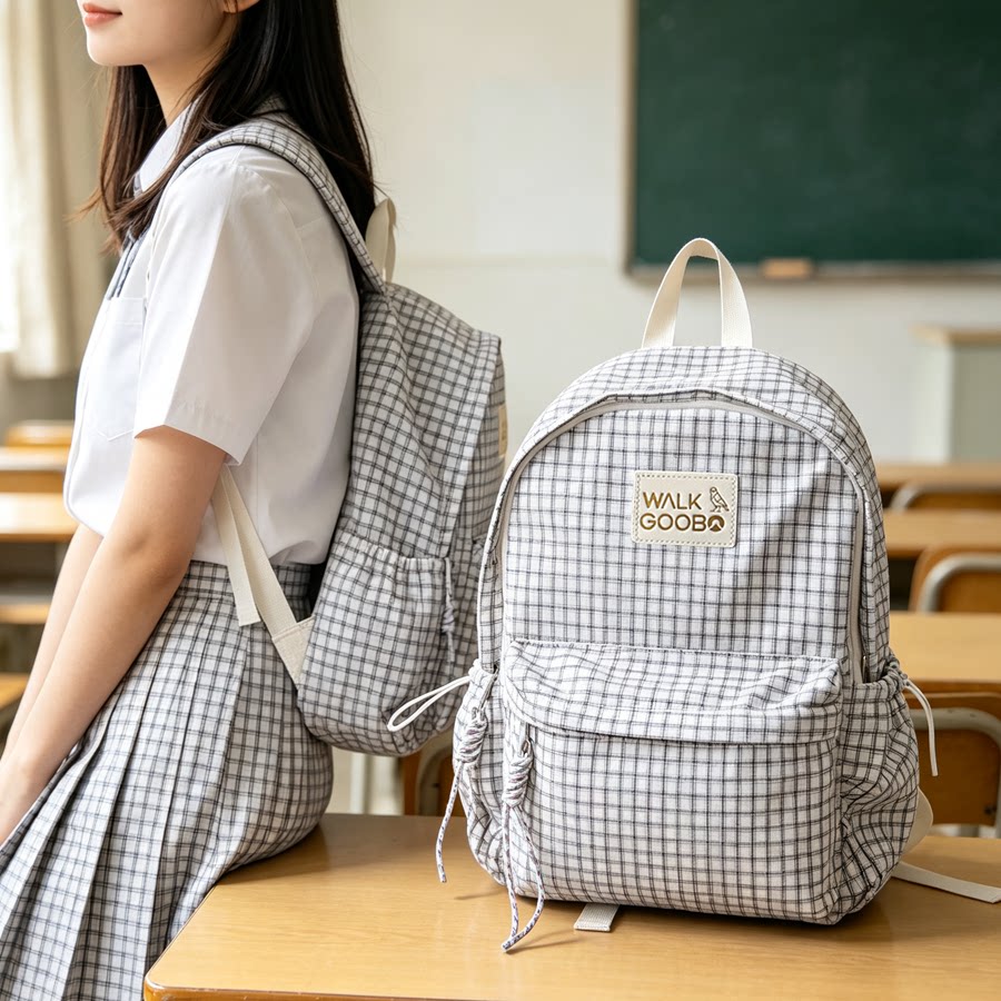 GOOBOWALK森系格纹背包柔软亲肤棉料书包大学生简约通勤双肩包女