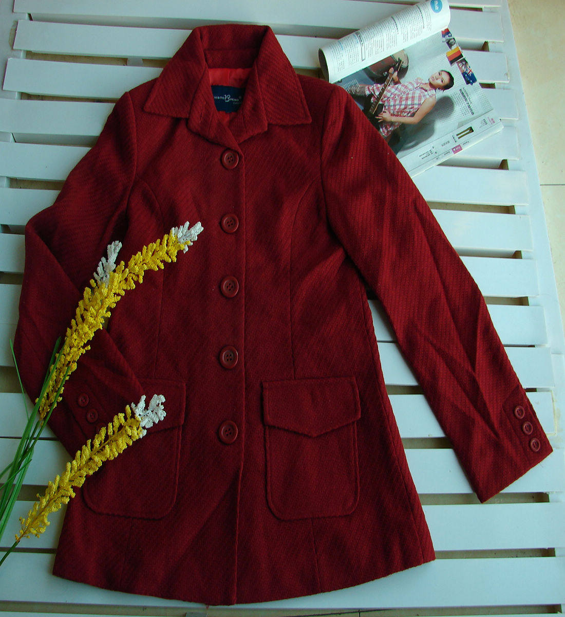 欧美枣红色翻领中长款呢子大衣