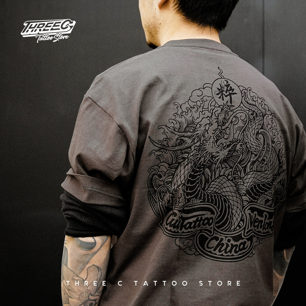 文粹刺青threec新款原创t恤【一针一心一生】灰色圆领纯棉短袖