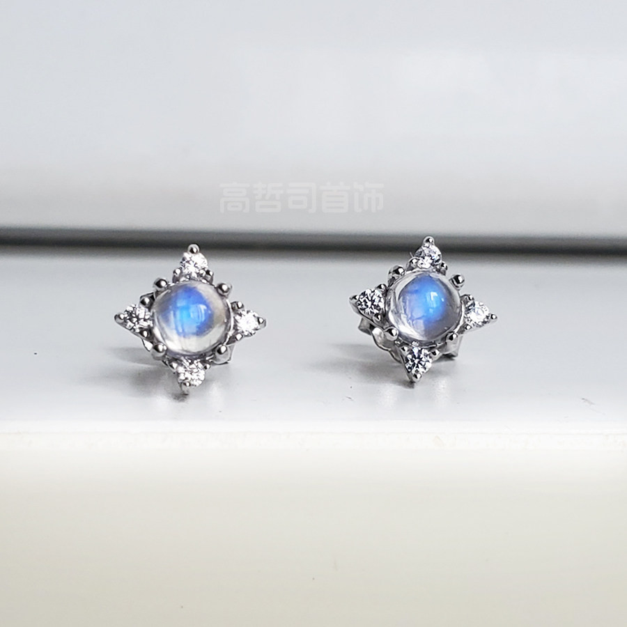 闪亮十字星 天然月光石 蓝月光 S925纯银镶嵌耳钉 耳针