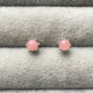 4毫米 S925纯银镀白金耳钉 天然粉色欧泊粉蛋白石宝石