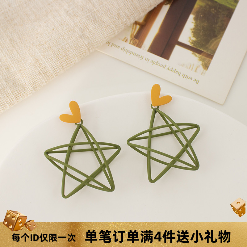 耳环无耳洞清新绿色五角星镂空夏