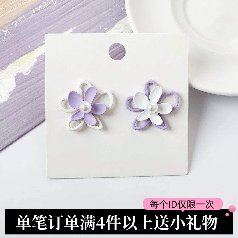 不对称撞色紫色珍珠花朵耳环女高级感蚊香耳夹耳饰小清新纯银耳钉