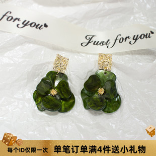 法式 花朵耳环超仙方圆脸耳饰亚克力大花无耳洞耳夹 显白绿色长款