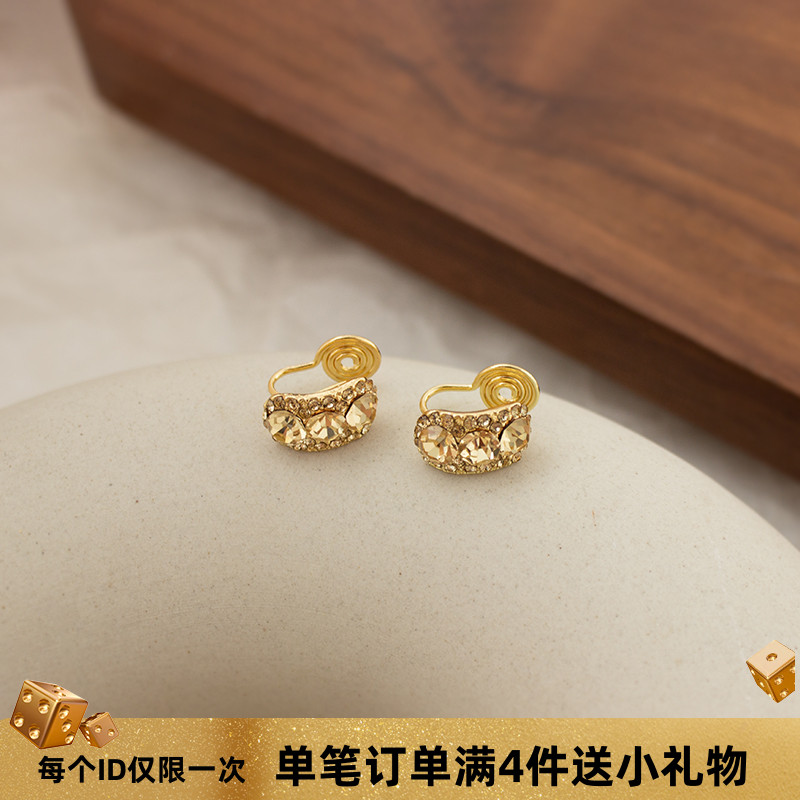 无耳洞耳环香槟色满钻通勤轻奢