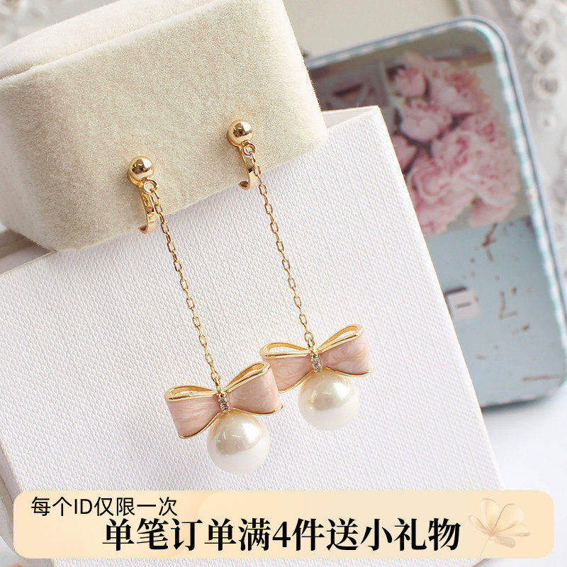 韩版清新甜美简约长款母贝画油立体蝴蝶结贝壳珍珠耳坠无耳洞耳夹