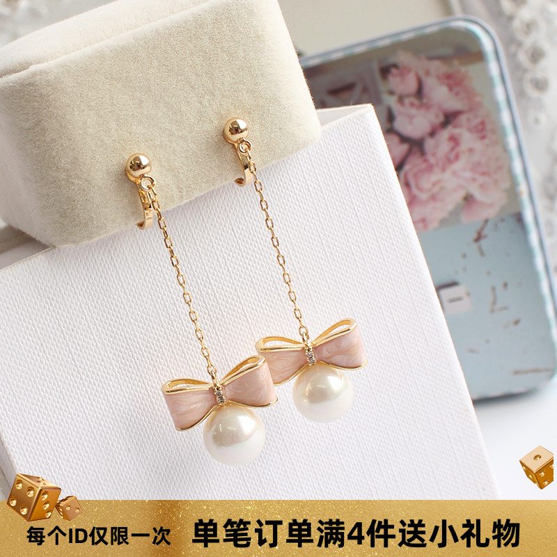 韩版清新甜美简约长款母贝画油立体蝴蝶结贝壳珍珠耳坠无耳洞耳夹
