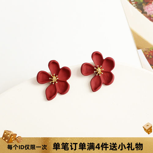复古港风红色花朵耳钉无耳洞耳夹