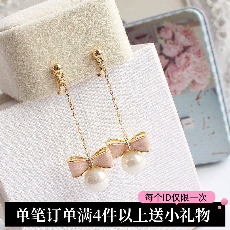 韩版清新甜美简约长款母贝画油立体蝴蝶结贝壳珍珠耳坠无耳洞耳夹