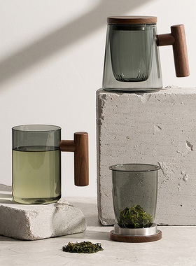 木笙玩物茶水分离玻璃杯泡茶杯子带把带盖日式办公室家用水杯男女