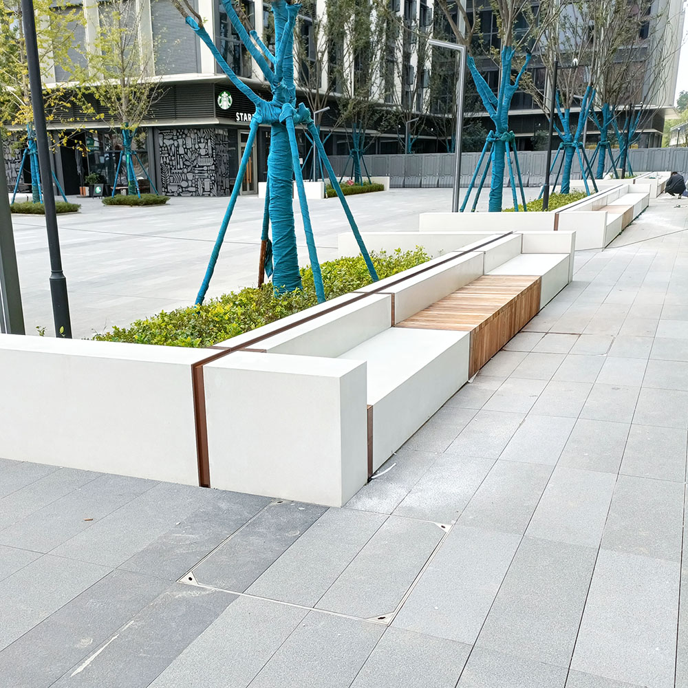 泰克石休闲座椅商场清水混凝土创意字母防腐木树池坐凳定制UHPC