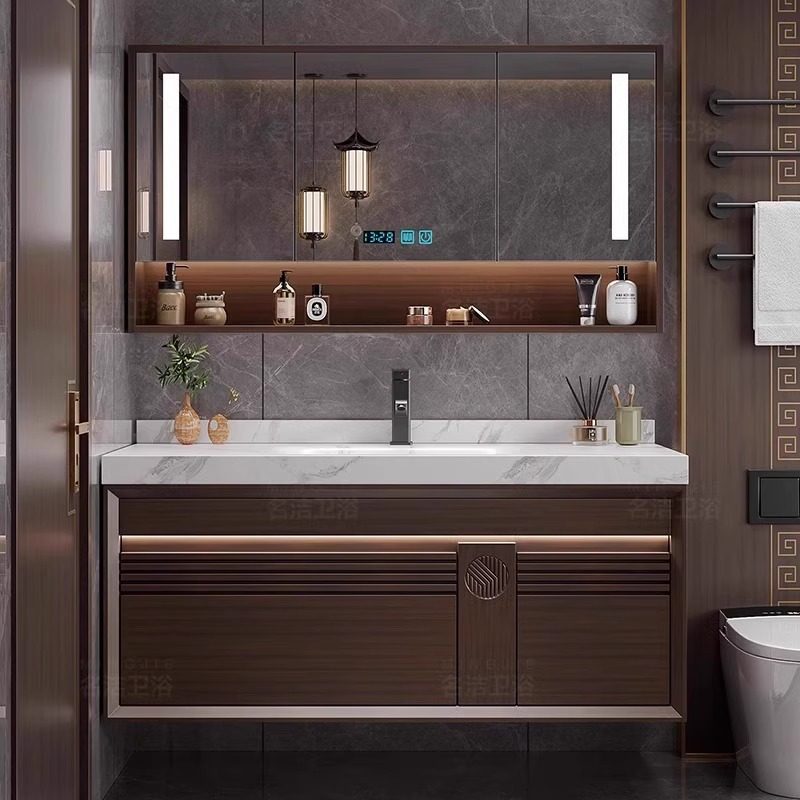 新款中古风岩板热弯一体盆浴室柜胡桃木卫生间洗漱台洗手盆柜组合