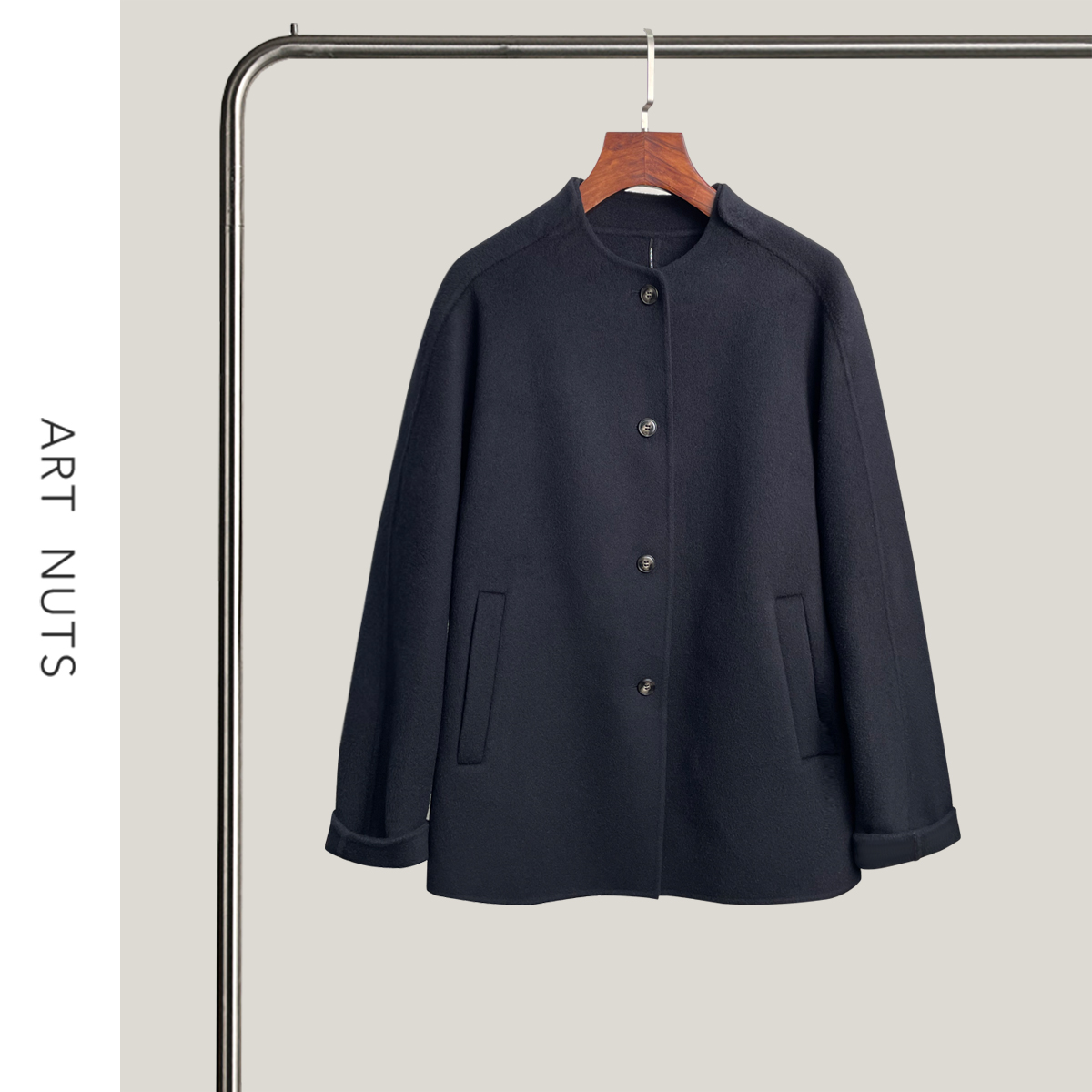 悦迷Art Nuts 简约的线条 秋冬氛围气质立领长袖宽松显瘦毛呢大衣