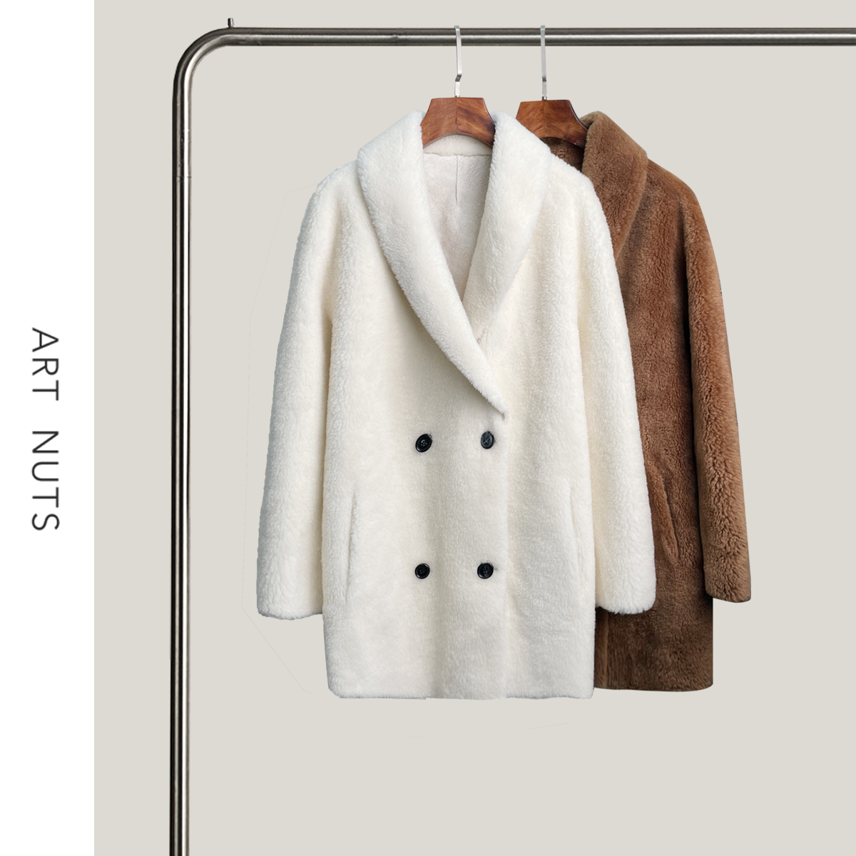 悦迷Art Nuts 简约的线条 秋冬翻领双排扣立裁气质毛外套
