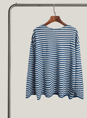 悦迷Art Nuts 简约的线条 秋季慵懒条纹圆领防晒套头针织衫