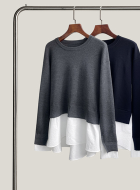 悦迷Art Nuts 简约的线条 秋季拼接圆领层次感套头休闲针织衫