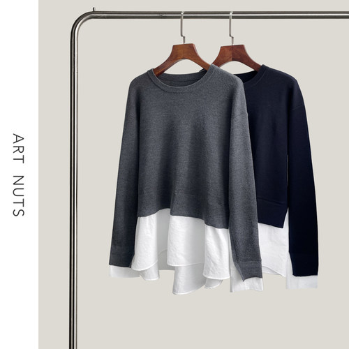 悦迷Art Nuts 简约的线条 秋季拼接圆领层次感套头休闲针织衫