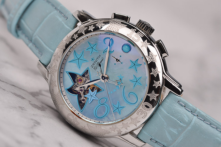 已售出【97新】真力时开心贝母面计时动显自动机械皮带女表03.1233.4021