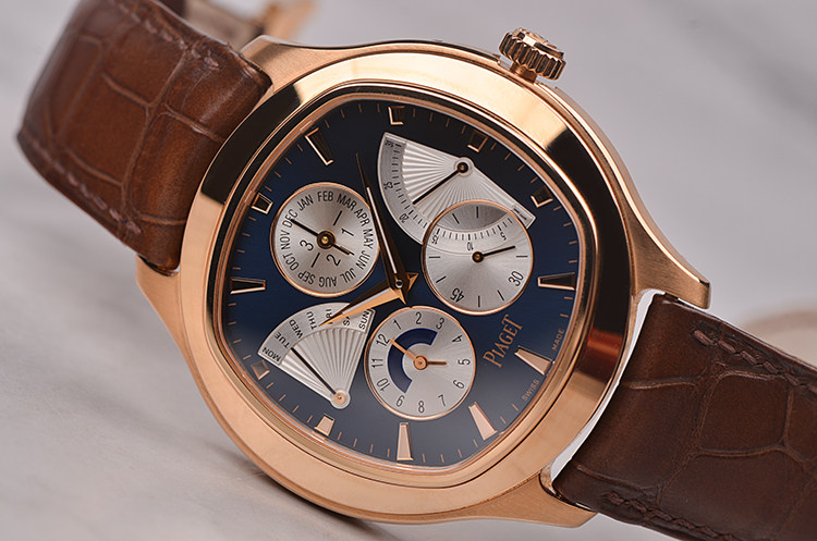 已售出【99新】伯爵黑带蓝面万年历双时区昼夜显示自动男表G0A33019全套