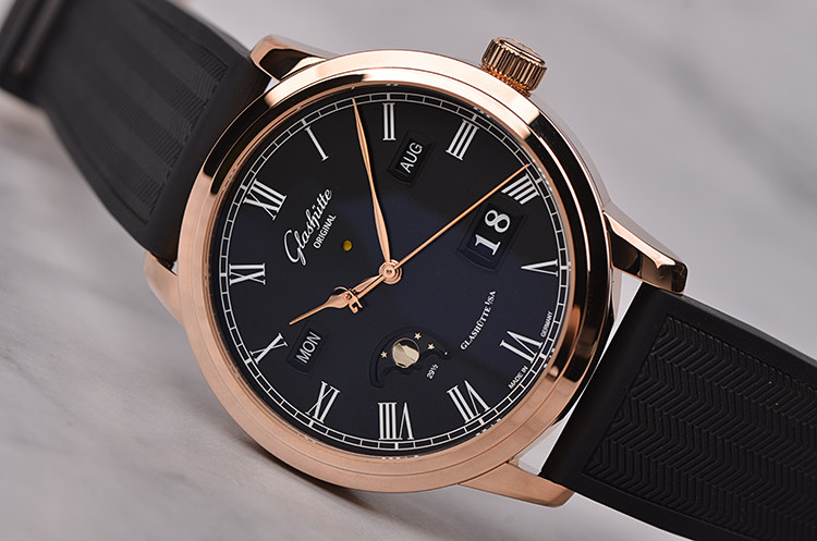 已售出【98新】格拉苏蒂玫瑰金万年历月相自动机械男表100-02-25-05-05