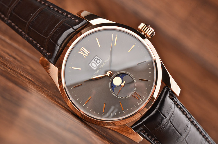 已售出【97新】芝柏玫瑰金灰面大日历月相自动男表49530-52-271-BAGA