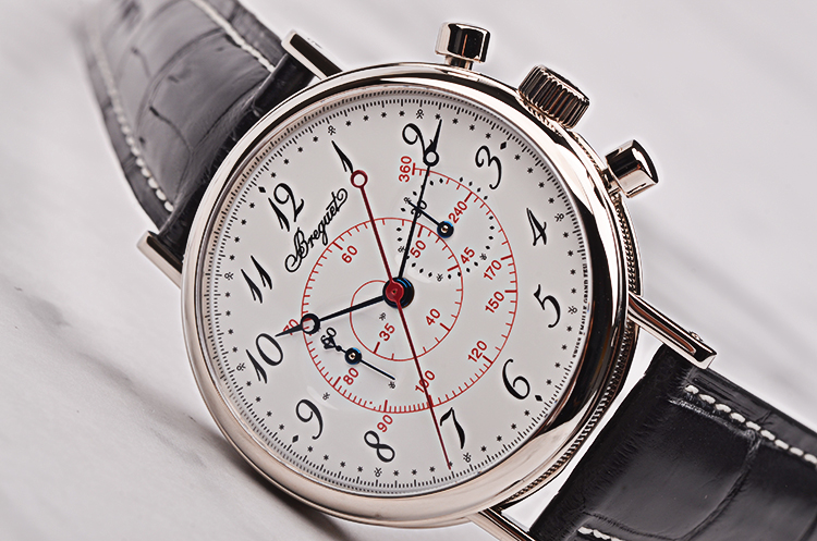 已售出【97新】宝玑白金珐琅盘计时手上链折叠扣皮带男表5247BB/29/9V6