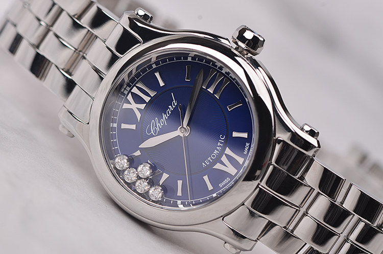 已售出【98新】萧邦快乐钻蓝面活动钻大三针自动钢带女表278573-3007