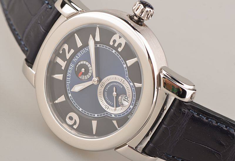 已售出【97新】雅典钯金蓝动显小三针日历自动机械皮带男表278-70/632