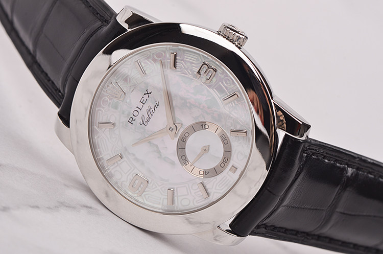 已售出【97新】劳力士切利尼铂金贝母盘小三针手上链皮带男表5240/6