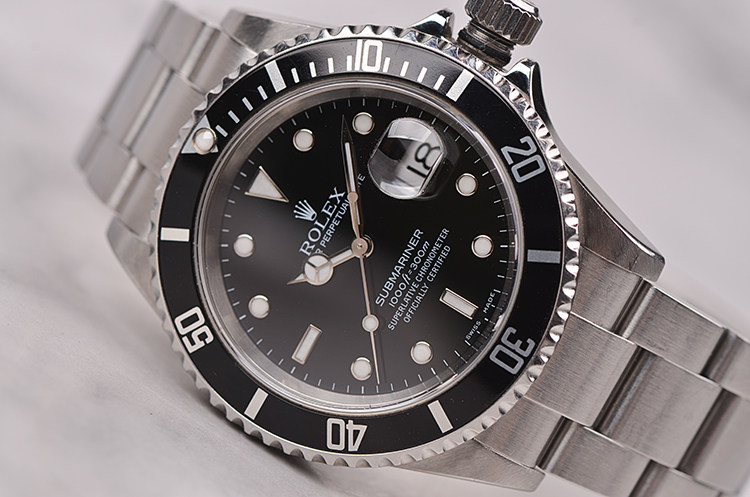 已售出【97新】劳力士潜航者型黑水鬼大三针日历钢带自动男表16610