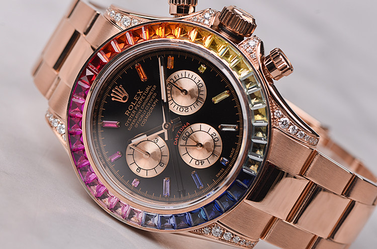 已售出【97新】劳力士迪通拿整体玫瑰金后镶彩虹圈计时男表116505有盒