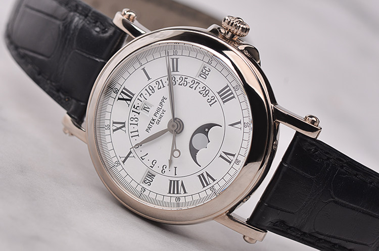 已售出【98新】百达翡丽白金将官底万年历月相自动机械折叠扣男表5059G