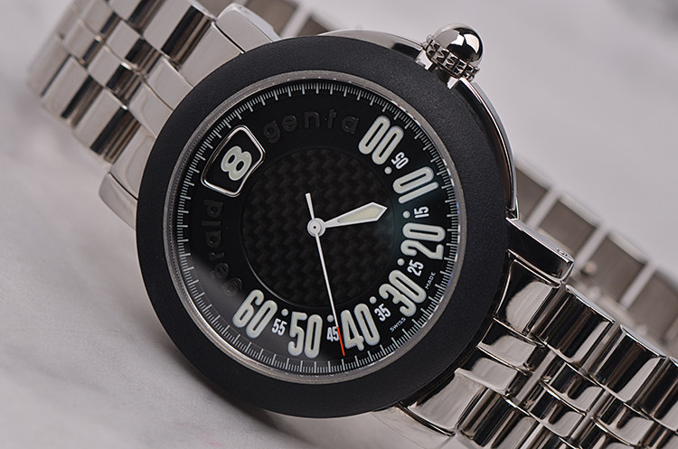 已售出【98新】尊达胶圈黑盘跳时自动机械钢带男表REF.G.3694