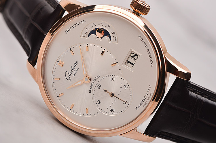 【98新】格拉苏蒂玫瑰金偏心大日历月相自动男表90-02-45-35-05