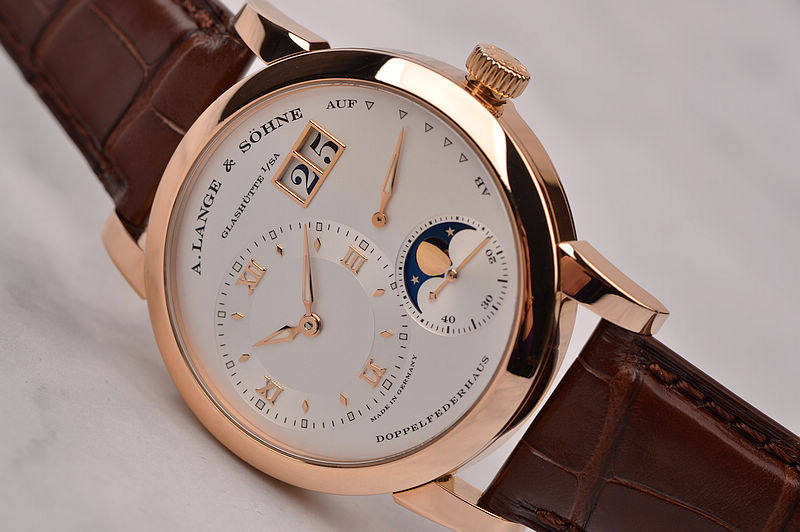 已售出【98新】朗格1号玫瑰金偏心月相大日历手动折叠扣男表109.032全套