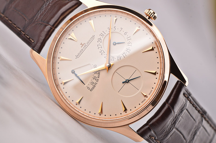 已售出【97新】积家玫瑰金超薄大师动显日历自动机械皮带男表Q1372520